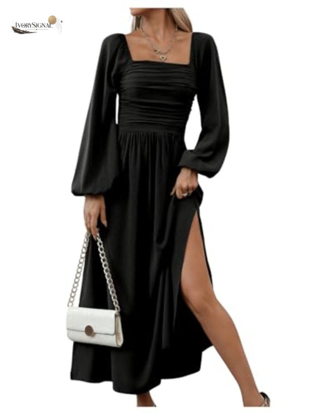 Square Neck Lantern Long Sleeve Split Ruched Midi Dress